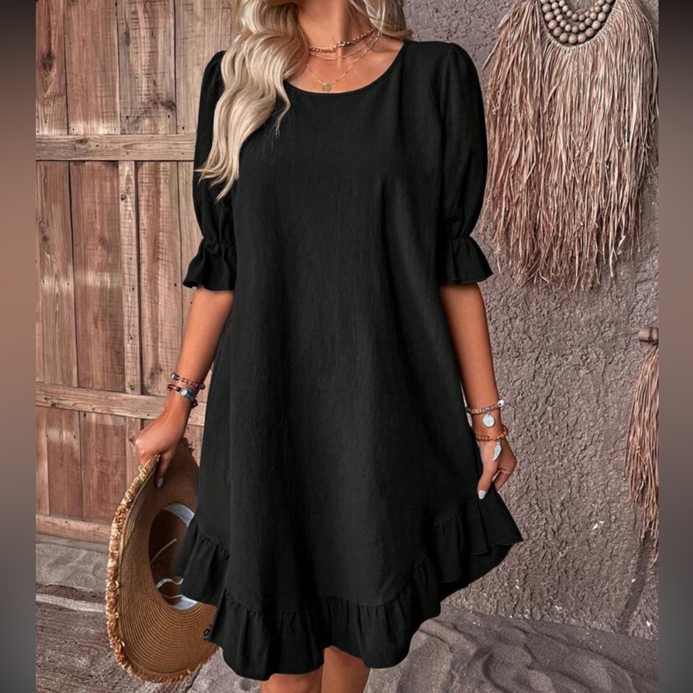 Solid Ruffle Hem Smock Dress - Picture 3 of 4